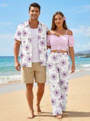 Daisy Flowers Print Plus Size Matching Hawaii Beach Outfit For Couples -  