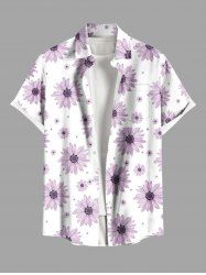 Plus Size Daisy Flowers Print Buttons Pocket Hawaii Shirt For Men -  