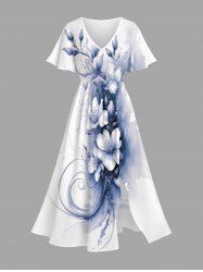 Robe midi hawaïenne fendue à imprimé floral et éclaboussures de peinture grande taille - Blanc 5X