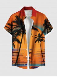 Chemise hawaïenne grande taille pour homme, imprimé coucher de soleil sur la mer et cocotiers, boutons et poche. - Orange M