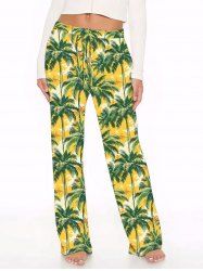 Pantalon hawaïen à jambes larges, imprimé cocotier, grande taille et cordon de serrage - Jaune 2X
