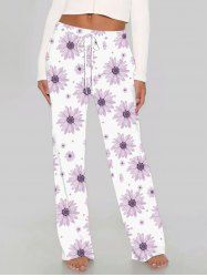 Plus Size Daisy Flowers Print Drawstring Hawaii Wide Leg Pants -  