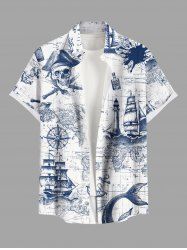 Plus Size Skull Pirate Ship Rudder Map Cruise Print Buttons Pocket Hawaii Shirt For Men -  