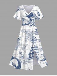Robe midi fendue à imprimé carte de croisière et tête de mort de bateau pirate grande taille, style hawaïen - Bleu L