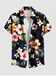 Chemise à poches boutons grande taille pour homme, imprimée de fleurs d'hibiscus et de feuilles tropicales, style hawaïen. - Noir 4XL