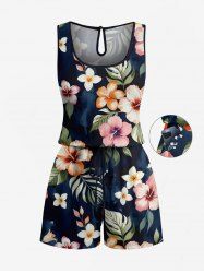 Combinaison hawaïenne grande taille à imprimé de feuilles tropicales et d'hibiscus, avec cordon de serrage et poches. - Noir 3X