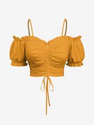 Plus Size Cold Shoulder Puff Sleeve Solid Cinched Top -  