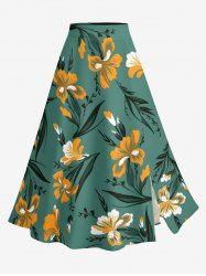 Jupe trapèze fendue hawaïenne à imprimé fleurs et feuilles grande taille - Vert profond 1X