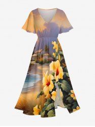 Plus Size Tropical Leaf Hibiscus Flower Sea Beach House Print Hawaii Split Pocket A Line Midi Dress -  