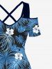 Ensemble de plage hawaïen assorti grande taille à imprimé fleurs et feuilles de cocotier pour couples - Bleu 
