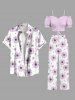 Plus Size Daisy Flowers Print Drawstring Hawaii Wide Leg Pants -  