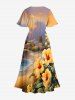 Plus Size Tropical Leaf Hibiscus Flower Sea Beach House Print Hawaii Split Pocket A Line Midi Dress -  