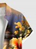 Plus Size Tropical Leaf Hibiscus Flower Sea Beach House Print Hawaii Button Pocket Shirt For Men -  