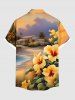 Chemise à boutons grande taille pour homme, imprimée de feuilles tropicales, d'hibiscus et de fleurs de mer, style hawaïen, avec poche boutonnée. - Brun Doré 5XL