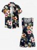Combinaison hawaïenne grande taille à imprimé de feuilles tropicales et d'hibiscus, avec cordon de serrage et poches. - Noir 3X