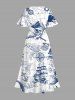 Robe midi fendue à imprimé carte de croisière et tête de mort de bateau pirate grande taille, style hawaïen - Bleu L