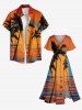 Robe midi fendue hawaïenne grande taille imprimée cocotier coucher de soleil sur la mer - Orange L