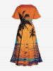 Robe midi fendue hawaïenne grande taille imprimée cocotier coucher de soleil sur la mer - Orange L
