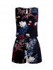 Plus Size Tropical Leaf Branch Flower Print Hawaii Drawstring Pocket Romper -  