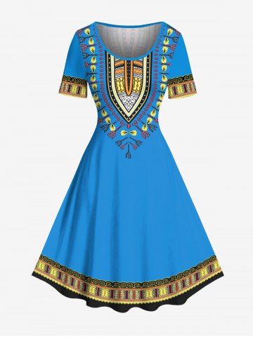 Robe hawaïenne vintage à imprimé ethnique grande taille - BLUE - XS