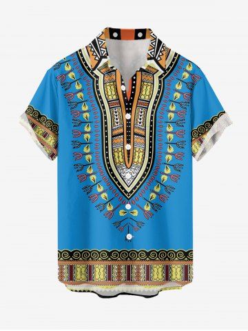 Chemise hawaïenne grande taille à motifs ethniques imprimés, boutons et poches pour hommes - BLUE - 3XL