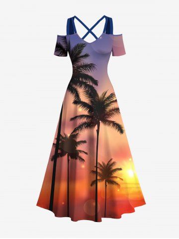 Plus Size Coconut Tree Sunset Ombre Sky Print Cold Shoulder Crisscross Hawaii Maxi Dress - ORANGE - XXS