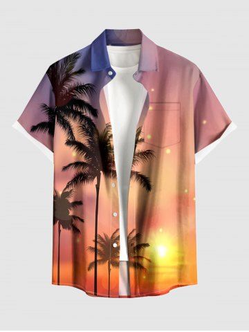 Plus Size Coconut Tree Sunset Ombre Sky Print Buttons Pocket Hawaii Shirt For Men - ORANGE - 2XL
