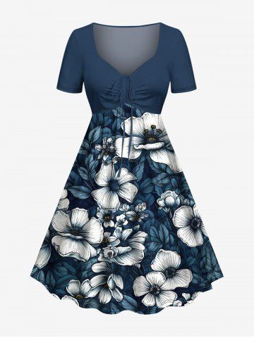Plus Size Flowers Leaf Tropical Print Cinched Hawaii Dress - DEEP BLUE - 4X