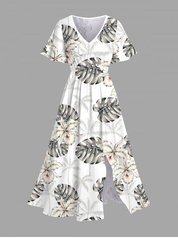 Plus Size Tropical Leaf Flowers Print Split Hawaii Midi Dress - WHITE - 6X
