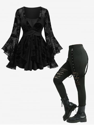 Ensemble grande taille : haut à manches évasées orné de dentelle floquée à têtes de mort et legging résille ajouré - BLACK