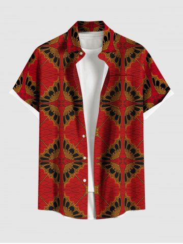 Plus Size Ethnic Graphic Print Hawaii Button Pocket Shirt For Men - RED - L