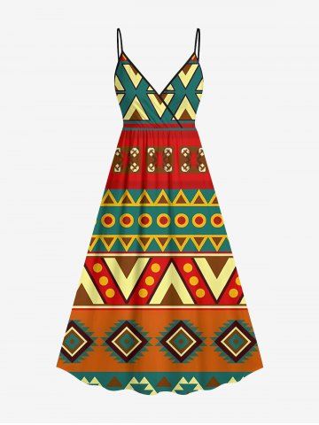 Plus Size Ethnic Geometric Graphic Print Hawaii Surplice A Line Cami Dress - DARK ORANGE - 3X