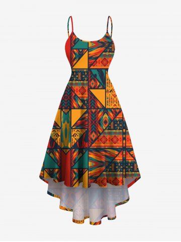 Plus Size Ethnic Pattern Scarf Print High Low Hawaii Cami Dress - DARK ORANGE - 6X
