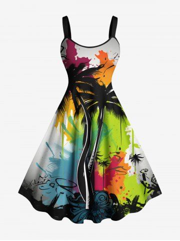 Plus Size Coconut Tree Paint Splatter Graffiti Print Hawaii Tank Dress - GREEN - 4X