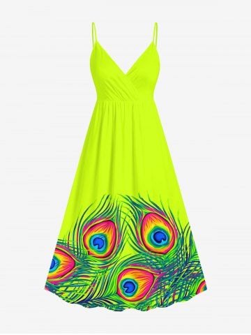 Plus Size Peacock Feather Print Surplice Hawaii Cami Dress - GREEN - XXS