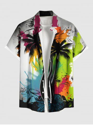 Plus Size Coconut Tree Paint Splatter Graffiti Print Buttons Pocket Hawaii Shirt For Men - BLACK - XL