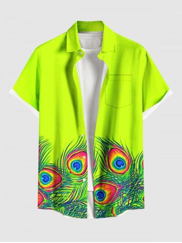 Chemise hawaïenne grande taille pour homme, à boutons et poches, imprimé plumes de paon. - GREEN - 6XL