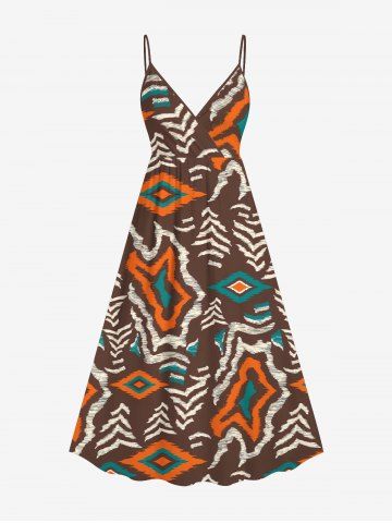 Plus Size Ethnic Geometric Graphic Print Hawaii Surplice A Line Cami Dress - BROWN - S