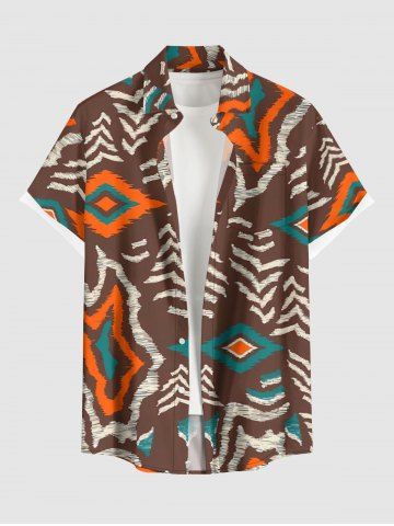 Chemise hawaïenne à imprimé géométrique ethnique grande taille et poche boutonnée pour homme - BROWN - XL