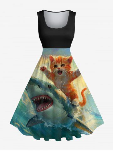 Plus Size Shark Cat Sea Waves Print Hawaii Vintage Swing A Line Dress - BLACK - 5X