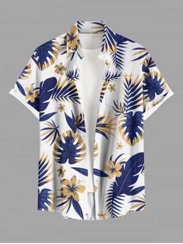 Plus Size Tropical Leaf Hibiscus Flower Print Hawaii Button Pocket Shirt For Men - WHITE - XL