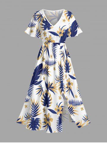 Plus Size Tropical Leaf Hibiscus Flower Print Hawaii Split Pocket A Line Midi Dress - WHITE - XS