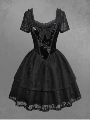Gothic Butterfly Appliques Flower Lace Dress - BLACK - L