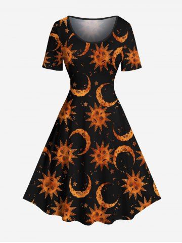 Robe trapèze grande taille imprimée soleil lune étoiles - BLACK - XXS