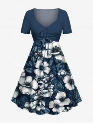 Plus Size Flowers Leaf Tropical Print Cinched Hawaii Dress -  