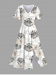 Robe midi hawaïenne fendue à imprimé de fleurs tropicales et de feuilles tropicales grande taille - Blanc 6X