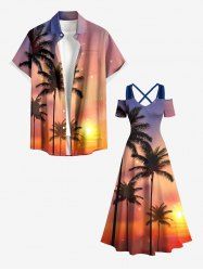 Tenue de plage hawaïenne assortie pour couples, imprimé coucher de soleil ombré avec cocotiers, grandes tailles - Orange 