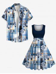 Flower Ink Painting Plaid Colorblock Print Plus Size Matching Hawaii Beach Outfit For Couples -  