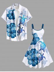 Tenue de plage hawaïenne assortie grande taille pour couples, imprimée de fleurs, tortues et oiseaux. - Blanc 