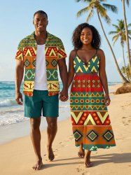 African Print Ethnic Geometric Graphic Plus Size Matching Hawaii Beach Outfit For Couples -  